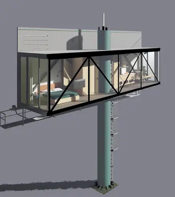 A glass home held in the steel frame of a billboard on a tall pole
