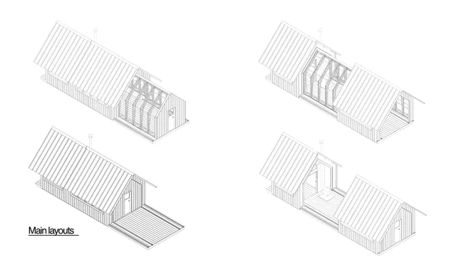 Four drawings of the cabin: its outer shell and inner glass layer slid open and closed in different ways