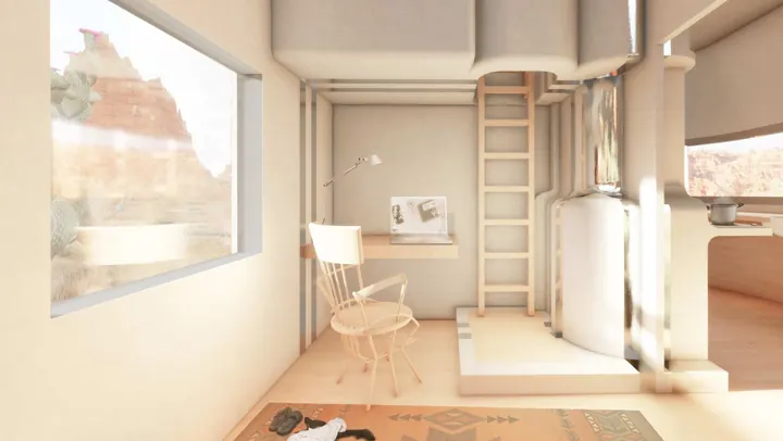 Inside: a chair at a desk under a ladder to the loft, a round white stove, and a wide window onto red desert cliffs