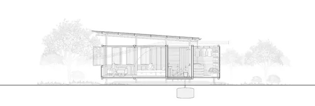 A section through the shelter: people sitting in its rooms on a raised floor, clothes and plants at one end, a water tank below the ground