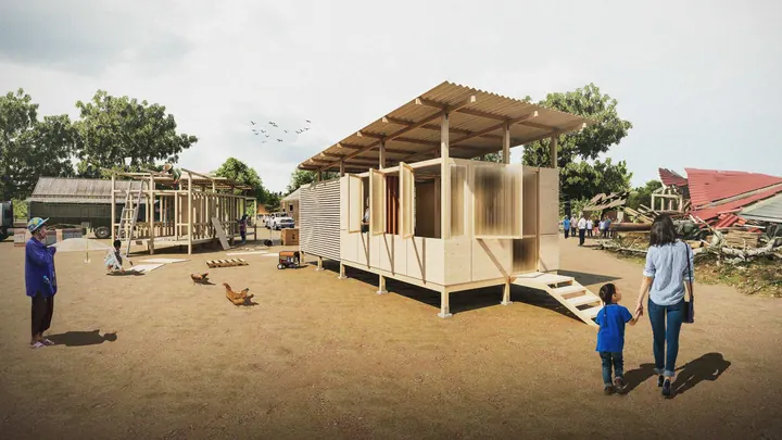 Raised timber shelters with light sloping roofs on a sandy lot, a family walking towards them