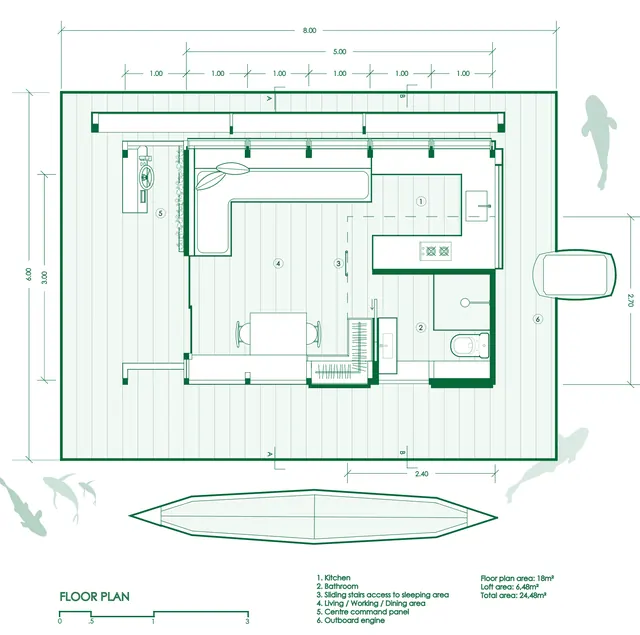 The floor plan: a kitchen, a bathroom, a table and a sliding stair to the loft on an 8 by 6 metre deck, a canoe below