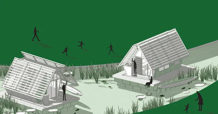 An illustration of two floating A-frame houses with slatted roofs among water plants, people on the decks, fish in the water and figures running on the green bank