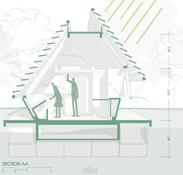 A section through the boathouse: two people inside under the slatted roof, the floor on floats in the river