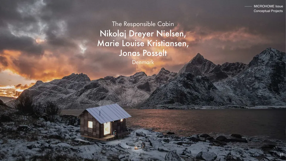 The Responsible Cabin: a small cabin by dark water below snowy mountains at sunset, with its title