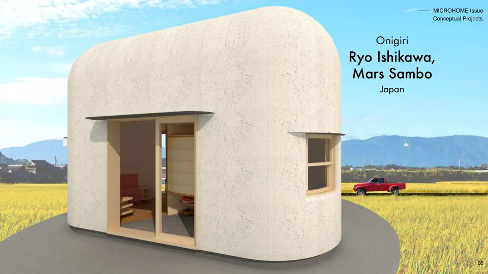 Onigiri: a rounded white house shaped like a rice ball in golden rice fields, mountains behind