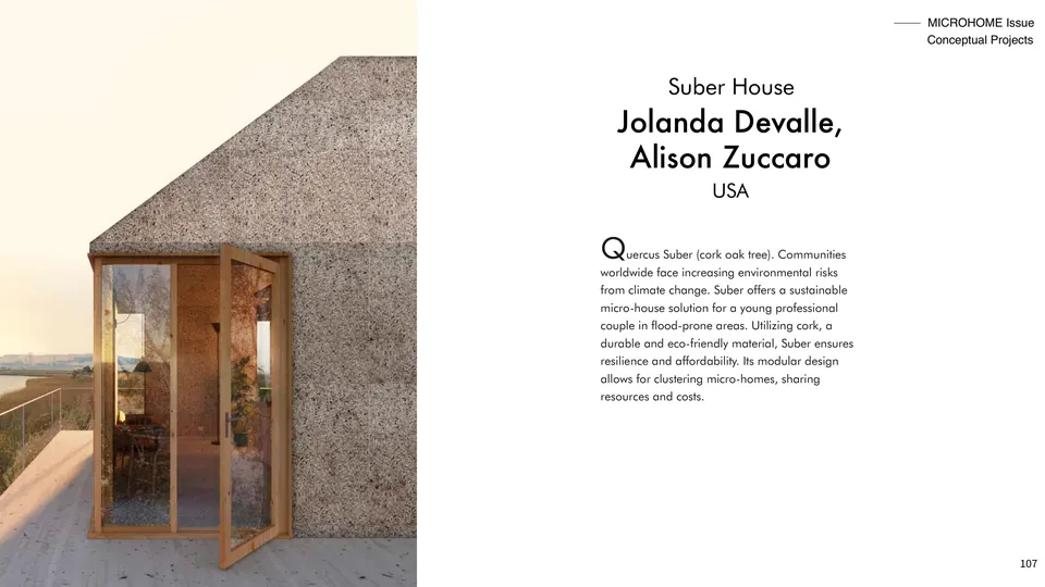 Suber House: a cork-clad house with a tall timber door onto a deck, beside its title and text