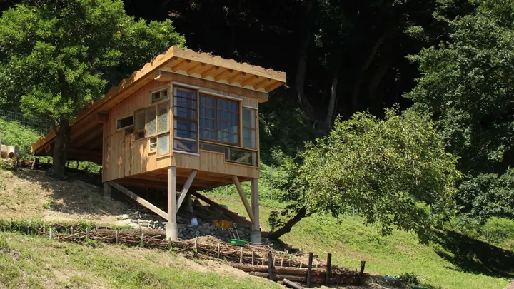 TEKITEKI-AN on timber legs on a green slope among trees, its walls a patchwork of old windows under a deep eave