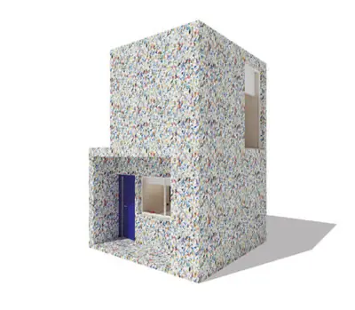 A cube of speckled recycled-plastic panels with a small entrance, drawn on white
