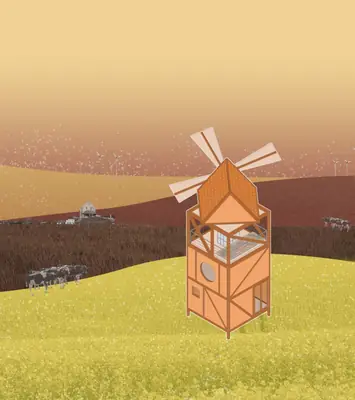 An orange windmill house with turning sails in an illustrated field at sunset