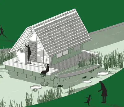 An illustration of a floating A-frame house with slatted roof panels among water plants, people on its deck