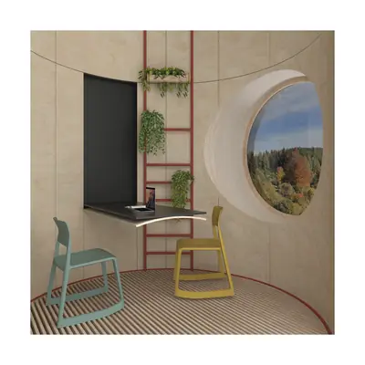 A round timber room with a big round window onto a forest, a desk and a red ladder