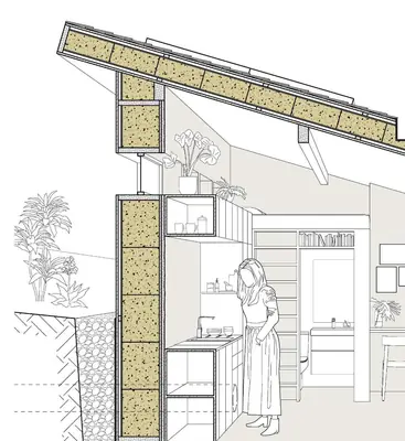 A section drawing through a wall of straw bales and earth under a sloping roof, a woman at a kitchen counter