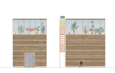 A drawing of the house front: bands of rammed earth, a double door and a greenhouse full of plants on top