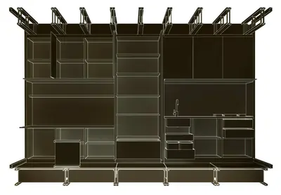 A render of the house: a frame of black shelving units on a raised floor, shelves and cupboards along the back wall