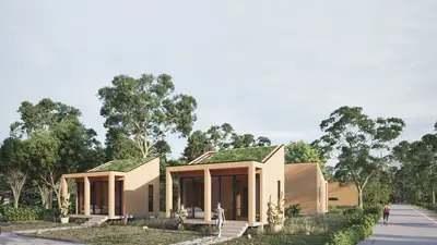 Small houses with sloping roofs and porches among tall trees