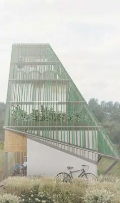 A tall A-frame of green louvres over a small house, a bicycle by the door