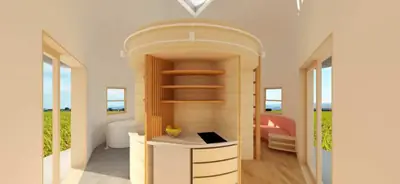 Inside Onigiri: a round wooden cabinet and small windows onto golden rice fields