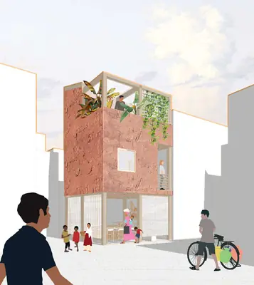 An illustration of a red brick house with plants on its roof in a narrow street, a man and children in front