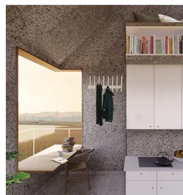 Inside Suber House: cork walls, a desk under a wide window onto wetlands, a kitchen and bookshelves