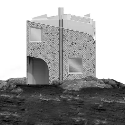 A black and white elevation of the house with its patterned facade on a rocky ground