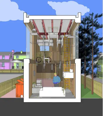 A colourful section through the house: furniture hung from pulleys under red roof beams, a yellow ladder, a man below, houses either side