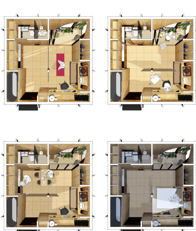 Four plans of the one room seen from above, its furniture set out a different way in each