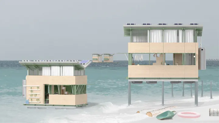 Alofa: two timber homes on steel legs in the shallow sea, solar panels on their roofs and green frames around big windows