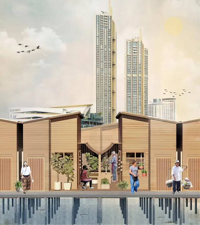 An illustration of timber homes with pointed roofs on a raised deck, towers of Bangkok behind, people carrying plants and baskets