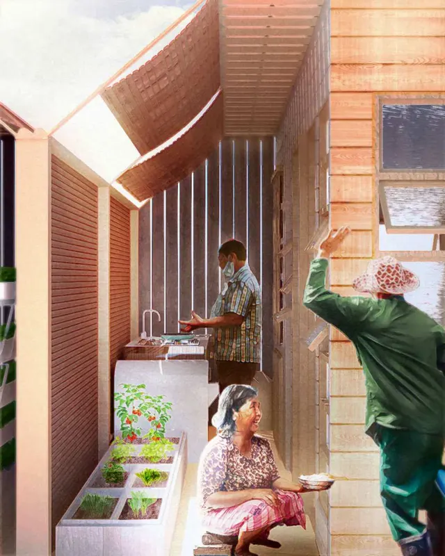 Inside a home: a man at the sink, a woman beside a bed of seedlings, a neighbour reaching in at the window