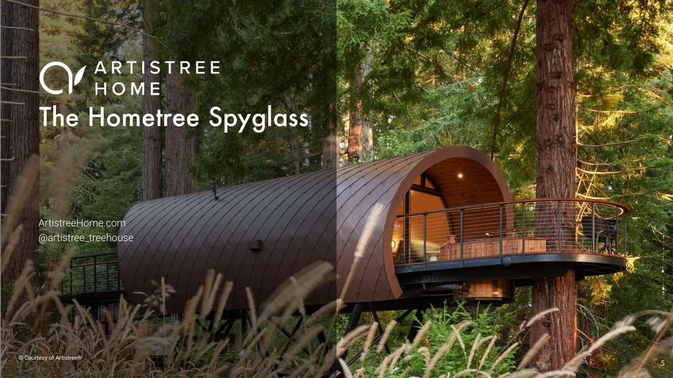 The Hometree Spyglass: a barrel-shaped treehouse among redwoods, the Artistree name beside it