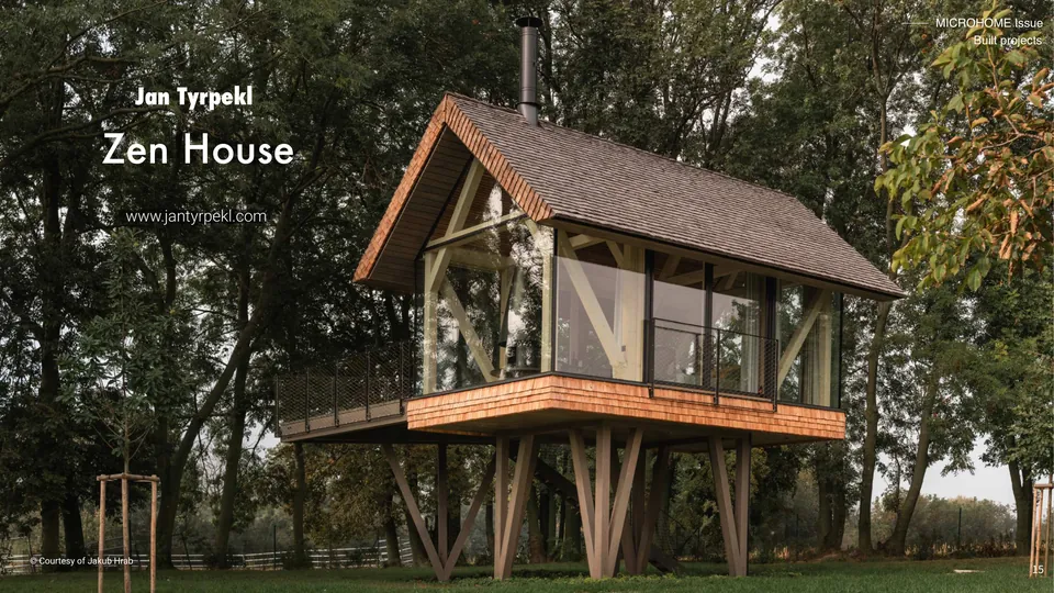 Zen House: a glass-walled house with a steep roof on timber legs, with its title