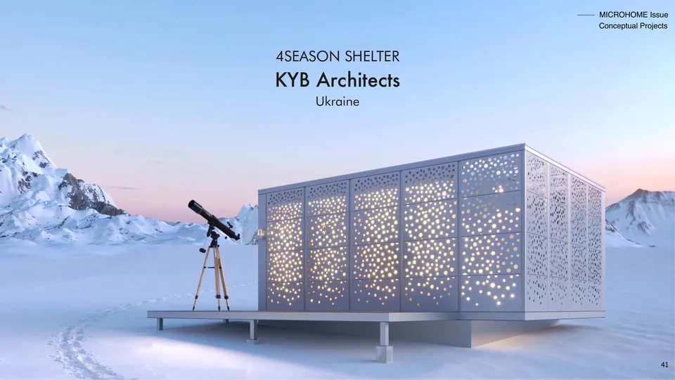 4Season Shelter: a white box with glowing openings on a snowy plateau, a telescope beside it