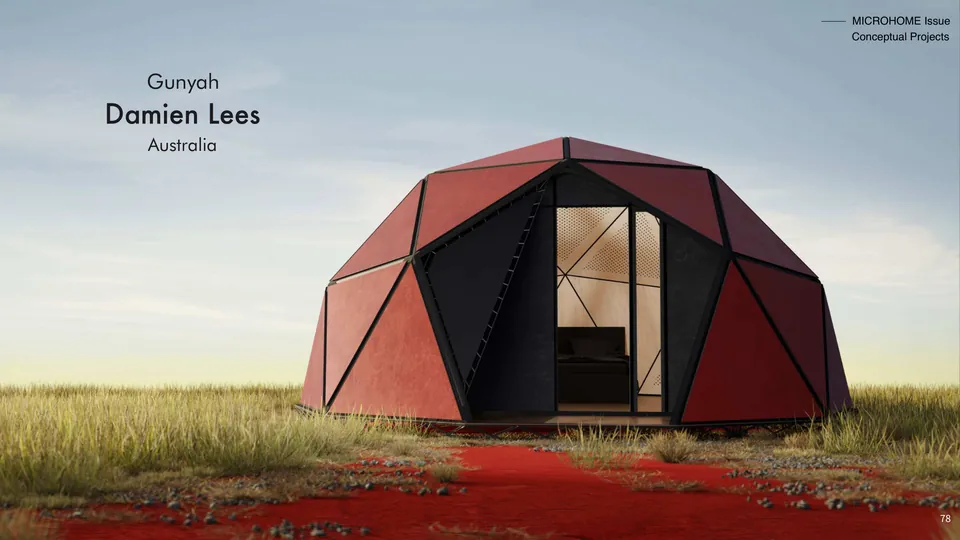 Gunyah: a red dome of triangular panels on a grassy plain, with its title