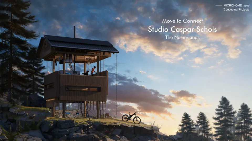 Move to Connect: a timber tower house on a hilltop at sunset, with its title