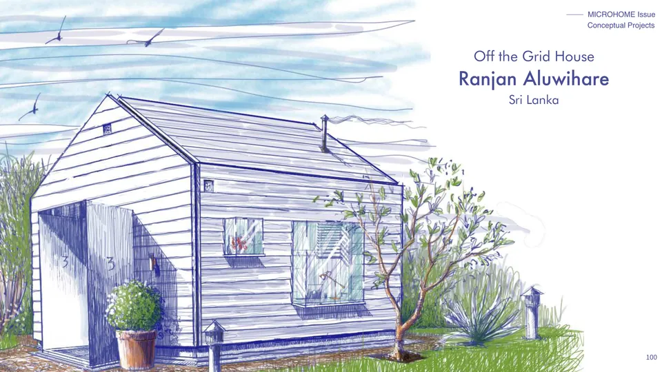 Off the Grid House: a drawing of a white clapboard house, with its title