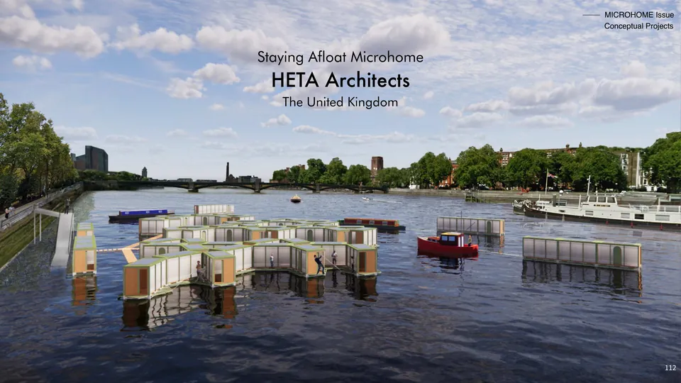 Staying Afloat Microhome: small floating homes grouped on a wide city river, with its title