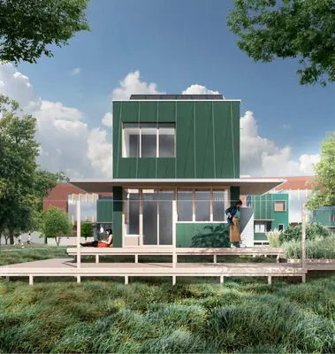 A green-clad house on a timber deck among trees
