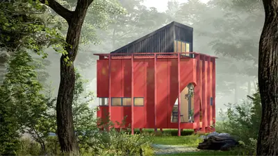 The red house in a misty forest, its black roof sloping up to a window