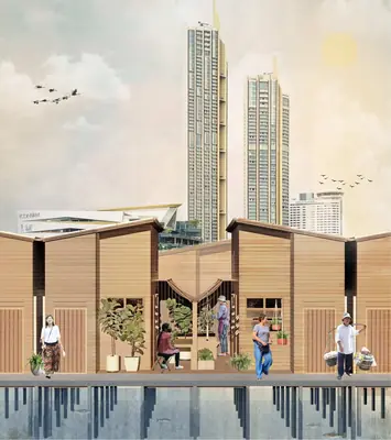 An illustration of timber homes with pointed roofs on a raised deck, towers of Bangkok behind