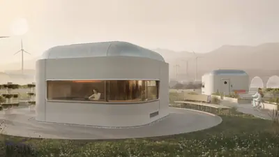 A rounded white house with a long window in a meadow, wind turbines far behind