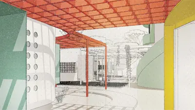 An illustration under a red timber pergola: green walls with round windows and a yellow frame