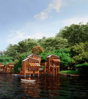Timber houses on stilts over a river at the edge of a forest, a boat in front