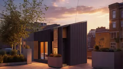 A dark rooftop home among planters at sunset, brick buildings behind