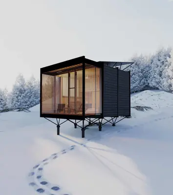 A dark glass box on steel legs in deep snow, footprints leading to it