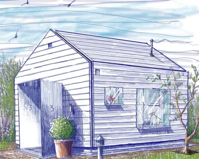 A drawing of a white clapboard house with a steep roof, a tree and a potted shrub in front