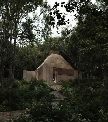 A small cabin with a steep faceted roof among dark trees and ferns