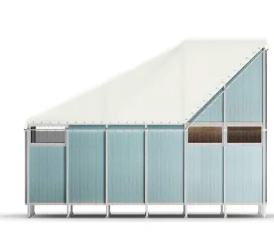 A drawing of the home: pale blue panels under a sloping white roof, on a light steel frame