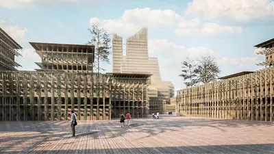 Tall timber frameworks of stacked homes around a paved city square, people walking