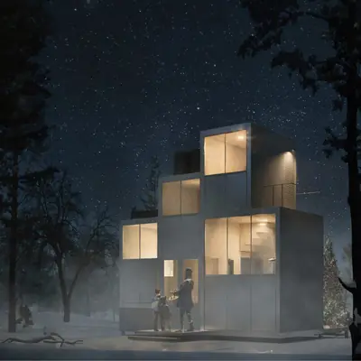 A tower of stacked boxes lit up at night in a dark pine forest, two people at its door